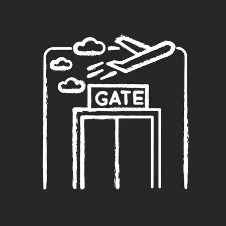 Airport gate chalk white icon on black background. Airplane departure. Plane flying in sky. Window at aircraft lounge. Public airplane trip check. Isolated vector chalkboard illustrationのイラスト素材