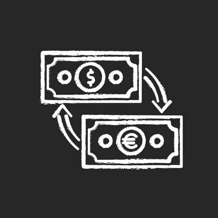 Money exchange chalk white icon on black background. Change dollar banknote for euro. Cash payment. Finance management. Bank services. Budget planning. Isolated vector chalkboard illustrationのイラスト素材