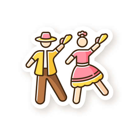 Marinera patch. Peruvian traditional romantic couple dance. Man and woman dancers. Peru choreography festival. Ethnic party. Hispanic culture. RGB color printable sticker. Vector isolated illustrationのイラスト素材