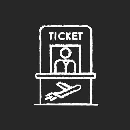 Airplane ticket counter chalk white icon on black background. Get boarding pass at registration counter. Check in for flight abroad. Trip departure checkout. Isolated vector chalkboard illustrationのイラスト素材