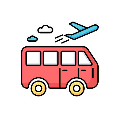Travel means RGB color icon. Transportation types for traveling. Public transport station for tourism. Bus ride. Airplane departure. Going on vacation. Journey and trip. Isolated vector illustrationのイラスト素材