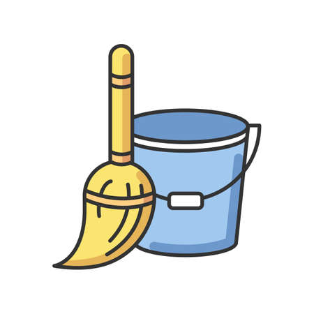 Household duties RGB color icon. Mop and bucket for housecleaning. Cleaning floor utensils. Maintenance supply for janitor. Home chores. Tidy house cleanup. Isolated vector illustrationのイラスト素材
