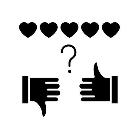 Review rate black glyph icon. Thumbs up and down. Hand sign of like and dislike. Satisfaction level. Feedback for social media stories. Silhouette symbol on white space. Vector isolated illustrationのイラスト素材