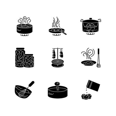 Food preparation black glyph icons set on white space. Different cooking techniques, meal making process silhouette symbols. Various ingredients and kitchen utensils vector isolated illustrations