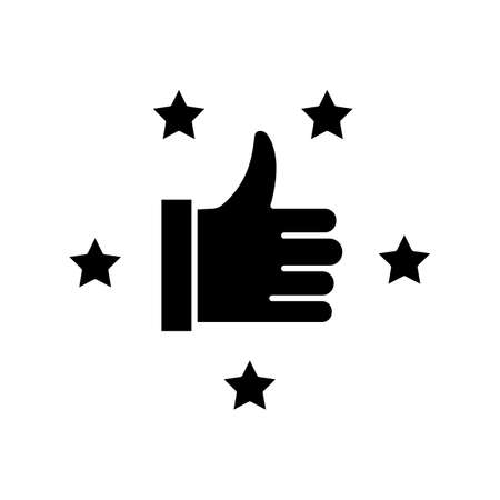 Recommendation black glyph icon. Thumbs up. Five star. Review rate. Customer satisfaction level. Approve of client service. Blog vote. Silhouette symbol on white space. Vector isolated illustrationのイラスト素材