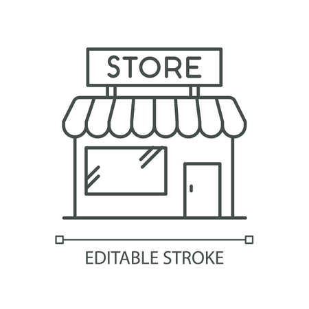 Convenience store pixel perfect linear icon. Grocery shop exterior. Small business in retail. Thin line customizable illustration. Contour symbol. Vector isolated outline drawing. Editable strokeのイラスト素材