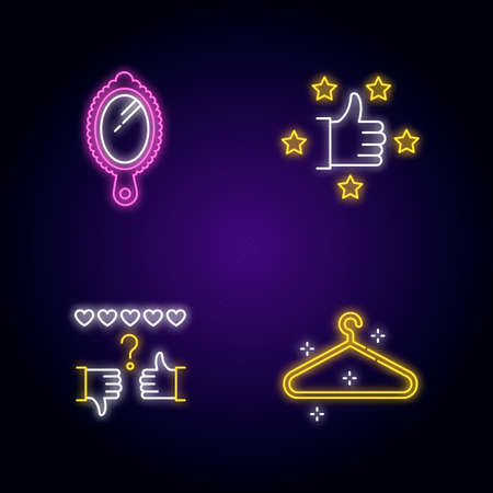 Fashion and beauty neon light icons set. Recommendation with five stars. Review rate. Empty hanger. Satisfaction level. Signs with outer glowing effect. Vector isolated RGB color illustrationssのイラスト素材