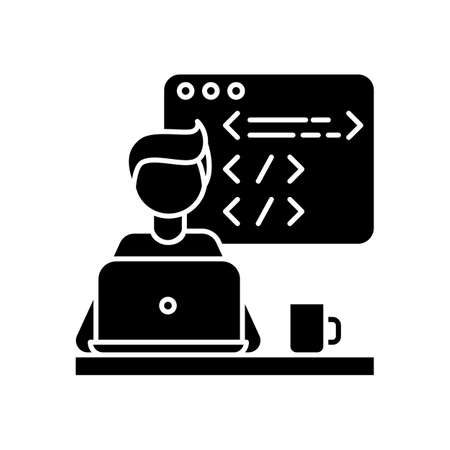Web developer black glyph icon. Computer software development, platform testing. Programming, coding and UI designing process. Silhouette symbol on white space. Vector isolated illustration