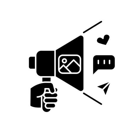 Community manager black glyph icon. Social media coordinator, advertising specialist. Internet marketing, platform managing and update. Silhouette symbol on white space. Vector isolated illustrationのイラスト素材
