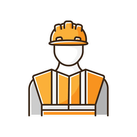 Worker in uniform RGB color icon. Construction builder in hardhat. Safety helmet on male repairman. Professional foreman and engineer. Workman in uniform. Isolated vector illustrationのイラスト素材