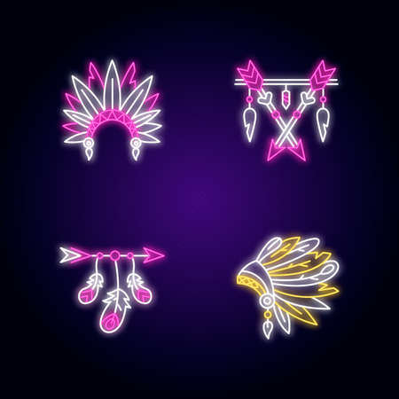 Native american indian hat and amulet neon light icons set. Tribe chief headdress with feathers. Ethnic accessories. Signs with outer glowing effect. Vector isolated RGB color illustrationsのイラスト素材