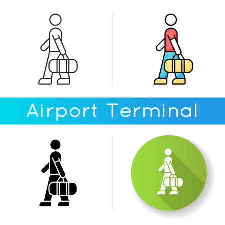 Male passenger with bag icon. Tourist carrying baggage. Man with checked luggage at airport. Visitor departure for airplane flight. Linear black and RGB color styles. Isolated vector illustrationsのイラスト素材