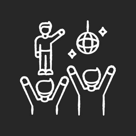Fan meeting chalk white icon on black background. Party in disco club. People dancing at celebration. Nightclub performance. Night life entertainment. Isolated vector chalkboard illustrationのイラスト素材