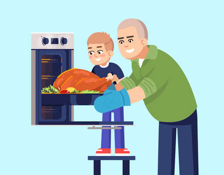 Father and son baking meat in oven flat RGB color vector illustration. Male parent and child cooking turkey, family members preparing dinner together isolated cartoon characters on blue backgroundのイラスト素材