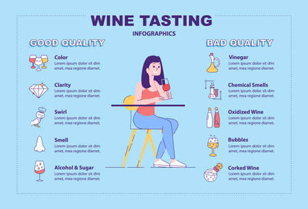Sommelier guide vector infographic template. Wine tasting flat character with linear icons. Bad and good qualities of alcohol beverage. Cartoon advertising flyer, leaflet, ppt info poster ideaのイラスト素材