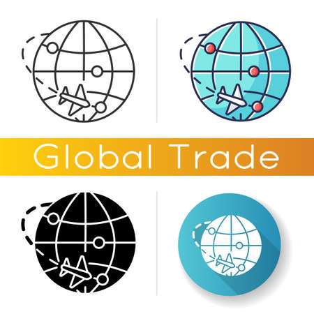 International trade icon. Export and import, logistics, airmail and parcels delivery. Commerce, trading, international market map. Linear black and RGB color styles. Isolated vector illustrationsのイラスト素材