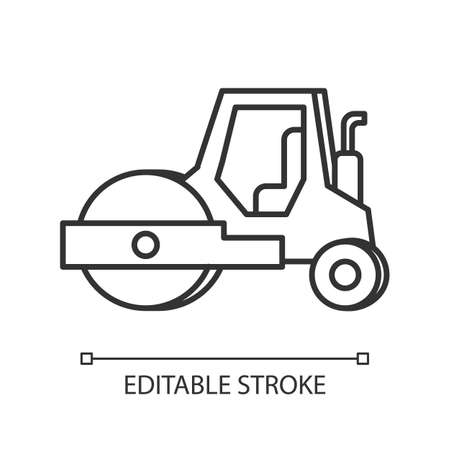Road roller pixel perfect linear icon. Compactor type vehicle for construction works. Thin line customizable illustration. Contour symbol. Vector isolated outline drawing. Editable strokeのイラスト素材