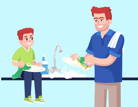Father and son washing up together flat RGB color vector illustration. Male parent and child washing dishes, smiling family members near kitchen sink isolated cartoon characters on blue backgroundのイラスト素材