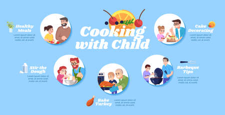 Cooking with child vector infographic template. Healthy meals and barbecue tips UI web banner with flat characters. Baking meat and cake. Cartoon advertising flyer, leaflet, ppt info poster ideaのイラスト素材