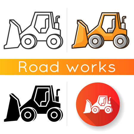 Bulldozer icon. Road works industrial truck. Dozer for ground loading. Excavator for construction. Agricultural transport. Linear black and RGB color styles. Isolated vector illustrationsのイラスト素材