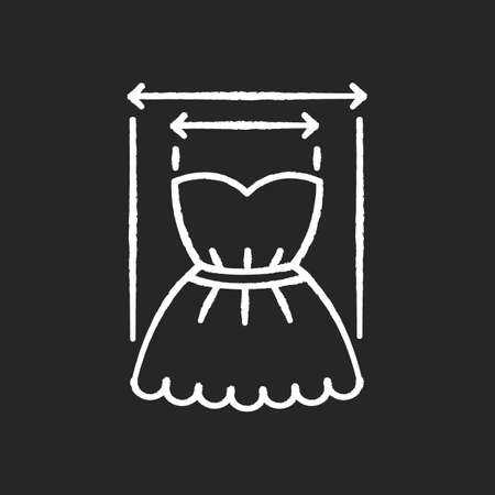Product width chalk white icon on black background. Measuring clothing size, tailoring parameters. Bust and skirt dimensions specification for bespoke dress. Isolated vector chalkboard illustrationのイラスト素材