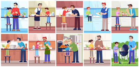 Cooking fathers and children, people in kitchen and outside flat vector illustrations set. Dads and kids preparing food together, family members 2D cartoon characters for commercial use litのイラスト素材
