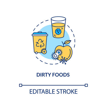 Dirty foods concept icon. Spoiled apple. Bacteria spread. Foodborne disease. Contaminated water. Rotavirus cause idea thin line illustration. Vector isolated outline RGB color drawing. Editable strokeのイラスト素材