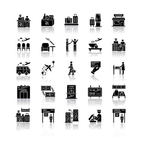 Airport terminal drop shadow black glyph icons set. Boarding pass. Smoking area. Lounge for passenger waiting. Transportation transit. Airline services. Isolated vector illustrations on white spaceのイラスト素材