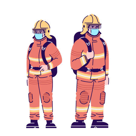 Firefighters in covid19 pandemic flat isolated vector illustration. Emergency service workers in surgical masks 2D cartoon character with outline on white background. Coronavirus protectionのイラスト素材