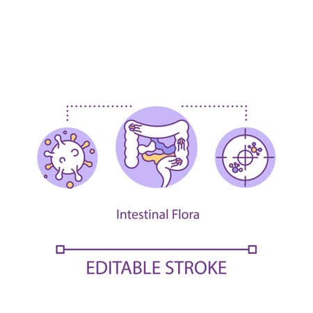 Intestinal flora concept icon. Bad and good bacteria. Diarrhoeal disease, rotavirus infection cell idea thin line illustration. Vector isolated outline RGB color drawing. Editable strokeのイラスト素材