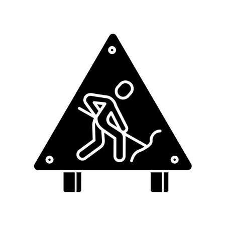 Roadsign black glyph icon. Road works ahead sign. Man digging with shovel. Attention plate for street block. Repair and construction. Silhouette symbol on white space. Vector isolated illustrationのイラスト素材