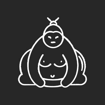 Sumo chalk white icon on black background. Traditional asian wrestler. Shirtless large athlete in power stance. Japanese ringer. Man with heavy body. Isolated vector chalkboard illustrationのイラスト素材