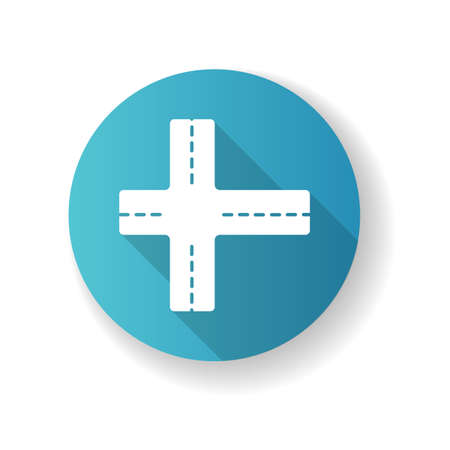 Crossroad blue flat design long shadow glyph icon. Intersection of roads. Crossing pavement ways. Junction of crosswalk. Urban infrastructure. Crossed motorway. Silhouette RGB color illustrationのイラスト素材