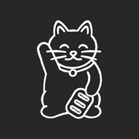 Maneki neko chalk white icon on black background. Traditional japanese mascot to bring fortune. Oriental souvenir from Japan. Kitty talisman for luck. Isolated vector chalkboard illustrationのイラスト素材