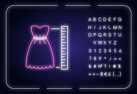 Product length neon light icon. Outer glowing effect. Measuring dress size, bespoke clothes tailoring parameters sign with alphabet, numbers and symbols. Vector isolated RGB color illustrationのイラスト素材