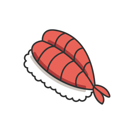 Sushi RGB color icon. Fresh seafood. Sashimi meal. Fish on rice. Traditional japanese cuisine. Asian delicacy. Fresh shrimp, prawn dish. Appetizer before meal. Isolated vector illustrationのイラスト素材