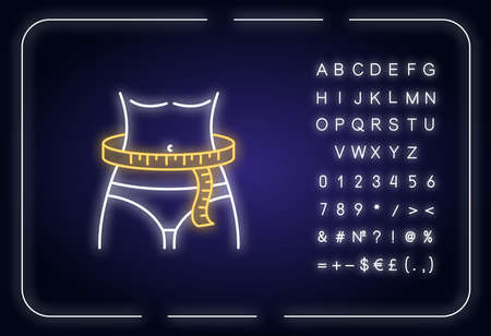 Waist circumference neon light icon. Outer glowing effect. Tailor measurements, slimming sign with alphabet, numbers and symbols. Woman waistline width. Vector isolated RGB color illustrationのイラスト素材