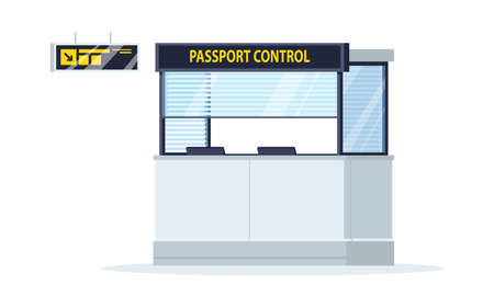 Passport control semi flat RGB color vector illustration. Counter with glass window to check visa. Border control table. Document check desk isolated cartoon object on white backgroundのイラスト素材
