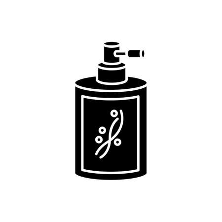 Liquid silicon in bottle black glyph icon. Conditioner in jar container with sprayer. Chemical cosmetic product for hair treatment. Silhouette symbol on white space. Vector isolated illustrationのイラスト素材