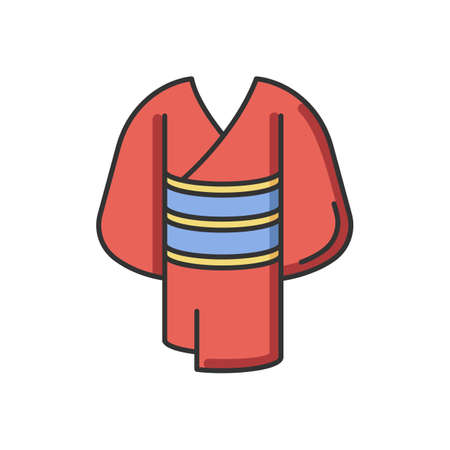 Kimono red RGB color icon. Traditional japanese dress with obi belt. Oriental yukata. Ethnic asian clothing. Maiko outfit. National chinese apparel. Clothing in Kyoto. Isolated vector illustrationのイラスト素材