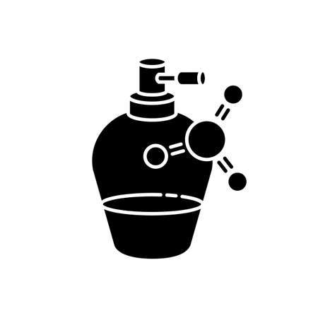 Liquid keratin in bottle black glyph icon. Chemical formula with vitamin complex for haircare. Cosmetic product for hair treatment. Silhouette symbol on white space. Vector isolated illustrationのイラスト素材