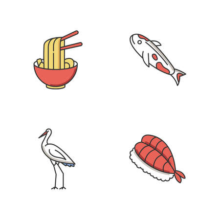 Japan RGB color icons set. Ramen in bowl with chopsticks. Koi carp fish. Crane bird. Sushi dish. Asian cuisine. Chinese dish. Traditional japanese attributes. Isolated vector illustrationsのイラスト素材