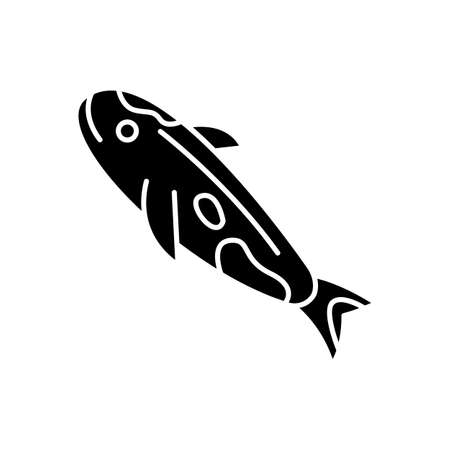 Koi carp black glyph icon. Japanese fish as luck symbol. Exotic chinese goldfish. Underwater wildlife animal. Cath and lure, fishery. Silhouette symbol on white space. Vector isolated illustrationのイラスト素材