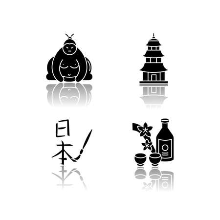 Japan drop shadow black glyph icons set. Sumo fighter. Shintoism temple. Asian calligraphy. Sake, alcohol drink. Traditional japanese attributes. Isolated vector illustrations on white spaceのイラスト素材