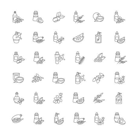 Hair oils pixel perfect linear icons set. Avocado natural essence. Exotic baobab extract for haircare. Customizable thin line contour symbols. Isolated vector outline illustrations. Editable strokeのイラスト素材