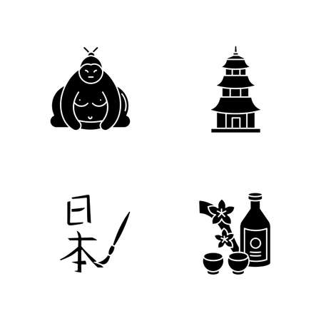 Japan black glyph icons set on white space. Sumo fighter. Shintoism temple. Asian calligraphy. Sake, alcohol drink. Traditional japanese attributes. Silhouette symbols. Vector isolated illustrationのイラスト素材