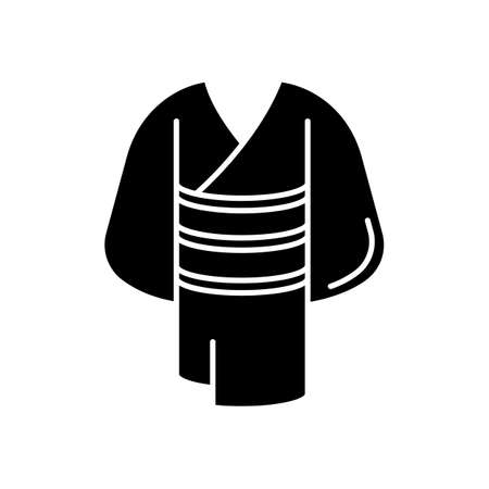Kimono black glyph icon. Traditional japanese dress with obi belt. Oriental yukata. Ethnic asian clothing. Maiko outfit. Chinese apparel. Silhouette symbol on white space. Vector isolated illustrationのイラスト素材