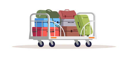 Baggage on cart semi flat RGB color vector illustration. Airport cargo shipping services. Logistics and shipment. Deliver suitcases. Handbags isolated cartoon object on white backgroundのイラスト素材