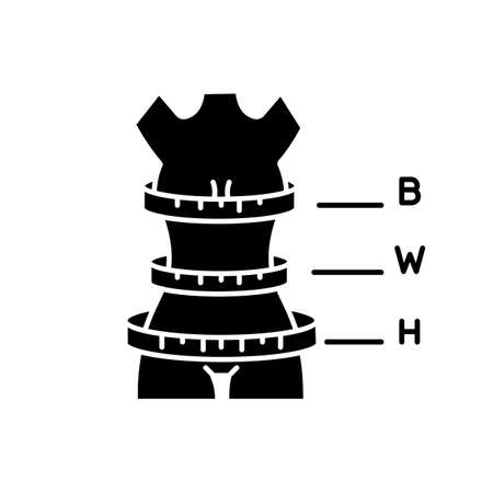 Woman body proportions black glyph icon. Female measurements, bespoke clothing size specification silhouette symbol on white space. Bust, waist and hips circumferences. Vector isolated illustrationのイラスト素材