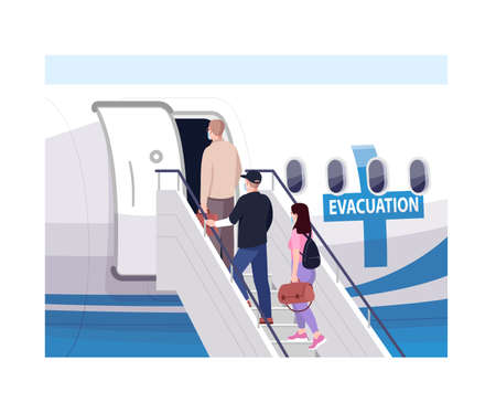 Emergency evacuation semi flat vector illustration. Contamination area lockdown. People board on...